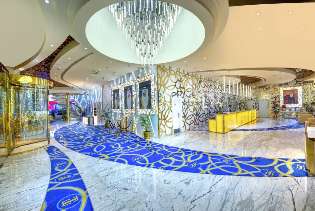Gevora Hotel lobby with crystal chandelier and reception