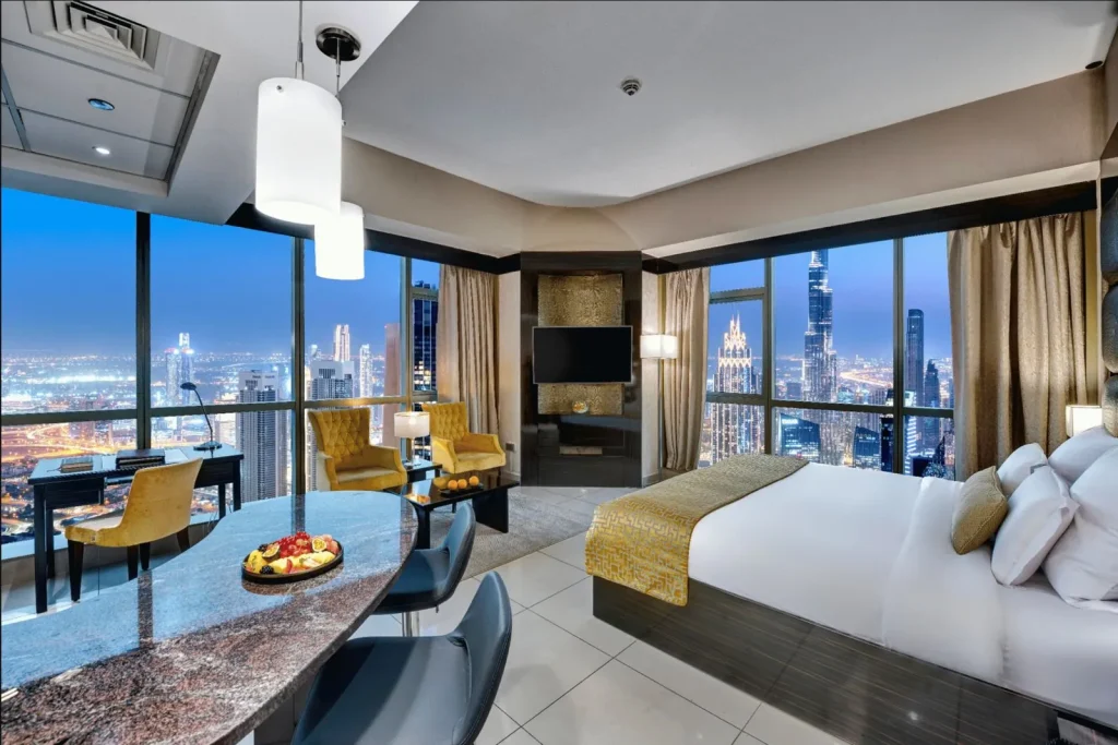 Burj Khalifa view room at night, Gevora Hotel Dubai